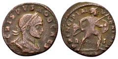 Roman Coins CRISPUS.(316-326).Arles.Ae. Obv : CRISPVS NOB CAES. Bust of Crispus, laureate, draped, cuirassed, right. Rev : PRINCIPIA I-V-VENTVTIS. Mars, helmeted, nude, chlamys flying, advancing right
