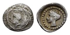 Greek Coins DYNASTS of LYCIA.Uncertain.(Circa 400 BC).Obol. Obv : Head of Athena to right, wearing decorated Attic crested helmet of Athenian style. Rev : Head of Tyche to left, within dotted border. 