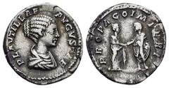 Roman Coins PLAUTILLA.(202-205).Rome.Denarius. Obv : PLAVTILLAE AVGVSTAE. Bust of Plautilla, hair coiled in ridges, fastened in bun at back, draped to right. Rev : PROPAGO IMPERI. Caracalla, togate, s