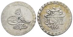 Islamic Coins OTTOMAN EMPIRE.Mustafa III.(1757-1774).Islambol.1171/6 AH.10 Para. Obv : Tugra. Rev : Arabic legend. KM 305. Condition : Nicely toned and gold iridescence on the reverse.Good very fine/E