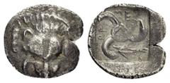 Greek Coins DYNASTS of LYCIA.Mithrapata.(Circa 390-370 BC).Uncertain.Diobol. Obv : Facing scalp of lion. Rev : Triskeles, astragalos in field; all within incuse square. Müseler VI 81-83; SNG Aulock 42