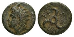 Greek Coins DYNASTS of LYCIA.Perikles.(Circa 380-360 BC).Ae. Obv : Horned head of Pan left . Rev : Triskeles. SNG Aulock 4257-4258. Condition : Very fine. Weight : 2.03 gr Diameter : 12 mm