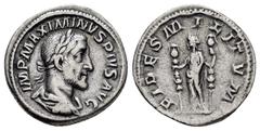 Roman Imperial Coins MAXIMINUS THRAX.(235-238). Denarius. Obv : IMP MAXIMINVS PIVS AVG. Laureate, draped and cuirassed bust right. Rev : FIDES MILITVM. Fides standing facing, head left, holding two si