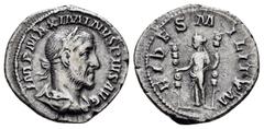 Roman Imperial Coins MAXIMINUS THRAX.(235-238).Rome.Denarius. Obv : IMP MAXIMINVS PIVS AVG. Laureate, draped and cuirassed bust right. Rev : FIDES MILITVM. Fides standing facing, head left, holding tw