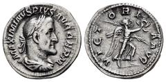 Roman Imperial Coins MAXIMINUS THRAX.(235-238).Rome.Denarius. Obv : IMP MAXIMIANVS PIVS AVG. Laureate, draped and cuirassed bust right. Rev : VICTORIA AVG. Victory advancing right with palm branch and