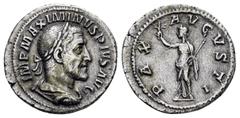 Roman Imperial Coins MAXIMINUS THRAX.(235-238).Rome.Denarius. Obv : IMP MAXIMINVS PIVS AVG. Laureate, draped and cuirassed bust right. Rev : PAX AVGVSTI. Pax standing left, holding branch and sceptre.
