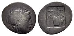 Greek Coins LYCIA. Lycian League. Masicytes.(Circa 27-20 BC).Hemidrachm. Obv : Λ - V. Laureate head of Apollo right. Rev : M - A. Lyre; tripod to right; all within incuse square. RPC I online 3310; Tr