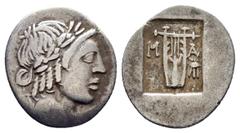 Roman Provincial Coins LYCIA. Lycian League. Masicytes.(Circa 27-20 BC).Hemidrachm. Obv : Λ - V. Laureate head of Apollo right. Rev : M - A. Cithara (lyre) tripod to right; all within incuse square. R