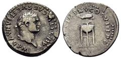 Roman Imperial Coins TITUS.(79-81). Rome.Denarius. Obv : IMP TITVS CAES VESPASIAN AVG P M. Laureate head right. Rev : TR P IX IMP XV COS VIII P P. Dolphin set on Tripod with fillets. RIC II 128. Condi