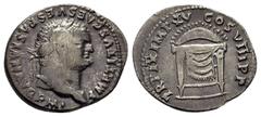 Roman Imperial Coins TITUS.(79-81).Rome.Denarius. Obv : IMP TITVS CAES VESPASIAN AVG P M. Laureate head right. Rev : TR P IX IMP XV COS VIII P P. Square seat draped, three crescents in triangular fram