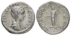 Roman Imperial Coins PLAUTILLA.(Augusta, 202-205).Rome.Denarius. Obv : PLAVTILLA AVGVSTA. Draped bust right. Rev : CONCORDIA AVGG. Concordia standing left with patera and sceptre. RIC 363B. Condition 