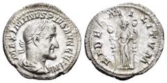Roman Imperial Coins MAXIMINUS THRAX.(235-238).Rome.Denarius. Obv : MAXIMINVS PIVS AVG GERM. Laureate, draped and cuirassed bust right. Rev : FIDES MILITVM. Fides standing facing, head left, holding s