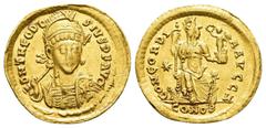 Roman Imperial Coins THEODOSIUS I.(379-395). Constantinople.Solidus. Obv : D N THEODOSIVS P F AVG. Diademed, helmeted and cuirassed bust facing slightly right, holding spear and shield decorated with 