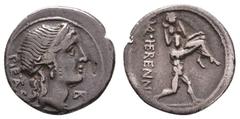 Fritz Taeger Collection Antike Römer Münzen Römische Republik M. Herennius, Denar (3,76g), 108/107 v. Chr., Rom. Av: Pietaskopf nach rechts, dahinter "PIETAS". Rev: Amphinomus trägt seinen Vater nach 