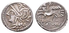 Fritz Taeger Collection Antike Römer Münzen Römische Republik L. Appuleius Saturninus, Denar (3,85g), 104 v. Chr., Rom. Av: Romakopf mit Flügelhelm nach links. Rev: Saturn mit Harpa in Quadriga nach r
