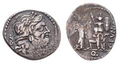 Fritz Taeger Collection Antike Römer Münzen Römische Republik C. Fundanius, Quinar (1,93g), 101 v. Chr., Rom. Av: Jupiterkopf nach rechts, dahinter Kontrollmarke. Rev: Victoria bekränzigt Tropaeum, da