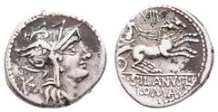 Fritz Taeger Collection Antike Römer Münzen Römische Republik D. Iunius Silanus L. f., Denar (3,82g), 91 v. Chr., Rom. Av: Romakopf mit Flügelhelm nach rechts, dahinter Kontrollzeichen. Rev: Victoria 