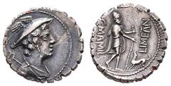 Fritz Taeger Collection Antike Römer Münzen Römische Republik C. Mamilius Limetanus C. f., Serratus (4,02g), 82 v. Chr., Rom. Av: Drapierte Merkurbüste mit geflügeltem Petasus und geschultertem Caduce
