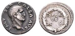 Fritz Taeger Collection Antike Römer Münzen Römische Kaiserzeit Galba, 68-69, Denar (3,48g), Rom. Av: Kopf nach rechts, darum "IMP SER GALBA AVG". Eichenlaubkranz, darin "S P Q R/OB/C S" . RIC 167, ss