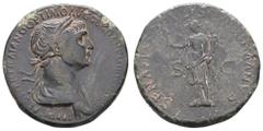 Fritz Taeger Collection Antike Römer Münzen Römische Kaiserzeit Trajanus, 98-117, Sesterz (26,53g), Rom. Av: Büste nach rechts, darum Umschrift. Rev: Stehende Felicitas mit Caduceus und Füllhorn nach 