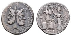 Antiquity Antike Römer Münzen Römische Republik M. Fourius L.f. Philus, Denar (3,79g), 119 v. Chr, Rom. Av: Januskopf, darum "M FOVRI L F". Rev: Behelmte stehende Roma mit Zepter bekränzt Tropaeum, da