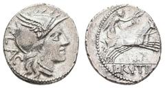 Antiquity Antike Römer Münzen Römische Republik L. Rutilius Flaccus, Denar (3,76g), 77 v. Chr., Rom. Av: Romakopf mit Flügelhelm nach rechts. Rev: Victoria mit Kranz in Biga, darunter "RVTILI". Cr. 38