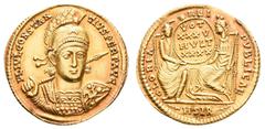 Antiquity Antike Römer Münzen Römische Kaiserzeit Constantius II., 337-361, Solidus (4,44g), Sirmium, Av: Brustbild des Constantius mit Schild und geschultertem Speer halbrechts von vorn. Rev: Sitzend