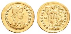 Antiquity Antike Römer Münzen Römische Kaiserzeit Honorius, 393-424, Solidus (4,45g), Mediolanum. Av: Büste nach rechts, darum Umschrift. Rev: Kaiser mit Viktoria und Labarum steht auf Gefangenem, dar