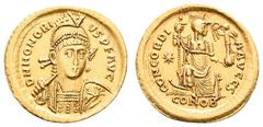 Antiquity Antike Römer Münzen Römische Kaiserzeit Honorius, 393-423, Solidus (4,41g), Konstantinopel. Av: Brustbild mit Schild und Speer von vorn, darum Umschrift. Rev: Thronende Constantinopolis mit 