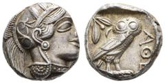 Ancient Coins Antike Griechen Attika Athen, Tetradrachme (17,24g), 440-404 v. Chr. Av: Athenakopf mit attischem Helm nach rechts. Rev: Eule nach rechts, dahinter Ölzweig und Mondsichel. SNG Cop. 32, S