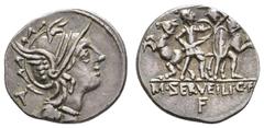 Ancient Coins Antike Römer Münzen Römische Republik M. Serveilius C. f. Vatia, Denar (4,00g), 100 v. Chr., Rom. Av: Romakopf mit geflügeltem Helm nach rechts, dahinter Kontrollzeichen. Rev: Zwei Krieg