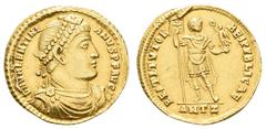 Ancient Coins Antike Römer Münzen Römische Kaiserzeit Valentinianus I., 364-375, Solidus (4,45g), Antiochia. Av: Büste nach rechts, darum Umschrift. Rev: Stehender Kaiser mit Standarte und Viktoria, d