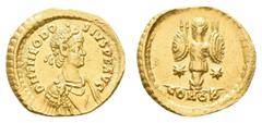 Ancient Coins Antike Römer Münzen Römische Kaiserzeit Theodosius II., 402-450, Tremissis (1,43g), Konstantinopel. Av: Brustbild nach rechts, darum Umschrift. Rev: Tropaeum zwischen 2 Sternen. RIC 333,