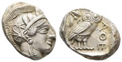 Antike Griechen Attika Athen, Tetradrachme (17,23 g), ca. 421-415 v. Chr., Av: Athenekopf mit attischem Helm nach rechts, Rev: Eule nach rechts, dahinter Ölzweig und Mondsichel, davor "AOE". Svoronos 