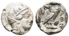 Antike Griechen Attika Athen, Tetradrachme (17,12 g), ca. 415 v. Chr., Av: Athenekopf mit attischem Helm nach rechts, Rev: Eule nach rechts, dahinter Ölzweig und Mondsichel, davor "AOE". Svoronos Pl. 