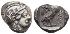 Antike Griechen Attika Athen, Tetradrachme (17,22 g), ca. 403-365 v. Chr., Av: Athenekopf mit attischem Helm nach rechts, Rev: Eule nach rechts, dahinter Ölzweig und Mondsichel, davor "AOE". Svoronos 