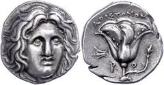 Ancient Coins Karien Rhodos, Didrachme (6,78g), 4. Jhdt. v. Chr., Magistrat Aristonomos. Av: Helioskopf halbrechts. Rev: Rosenblüte mit Trieb und Knospe, links Prora. Ss. Caria Rhodes, didrachm (6, 78