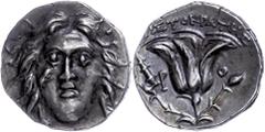 Ancient Coins Karien Rhodos, Drachme (2,70g), 304-166 v. Chr., Magistrat Aristokrates. Av: Helioskopf von vorn. Rev: Rosenblüte mit Trieb und Knospe, links Keule. Vz-st. Mit Unterlegzettel der Firma D