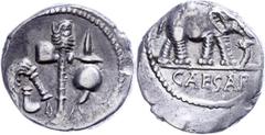 Ancient Coins Münzen Römische Republik C. Julius Caesar, Denar (4,07 g), 49 v. Chr. Heeresmünzstätte in Gallien. Av: Opfergeräte: Culullus, Aspergillum, Securis und Apex-Mütze. Rev: Elefant geht nach 