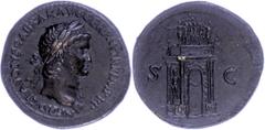 Ancient Coins Münzen Römische Kaiserzeit Nero, 54-68, Sesterz (26,41g), Rom. Av: Kopf nach rechts, darum Umschrift. Rev: Triumphbogen. RIC 147, C. 308, geglättet, vz. Eine der schönsten Architekturdar