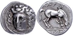 Ancient Coins Thessalien Larissa, Drachme (5,96g), ca. 395-344 v. Chr. Av: Kopf der Nymphe Larissa im 3/4 Profil nach links. Rev: Weidendes Pferd nach rechts. SNG Cop. 120, ss. Los 151 der 92. Auktion