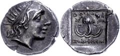 Ancient Coins Karien Rhodos, Drachme (2,74g), 88-84 v. Chr., Magistrat Nikephoros. Av: Helioskopf nach rechts. Rev: Rose, ss-vz. Mit Unterlegzettel des Sammlers. Caria Rhodes, drachm (2, 74 g), 88-84 