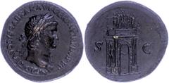 Ancient Coins Münzen Römische Kaiserzeit Nero, 54-68, Sesterz (26,41g), Rom. Av: Kopf nach rechts, darum Umschrift. Rev: Triumphbogen. RIC 147, C. 308, geglättet, vz. Eine der schönsten Architekturdar
