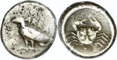 Ancient Coins Sizilien Akragas, Didrachme (7,89g), 5. Jh. v. Chr. Av: Adler nach links. Rev: Krabbe, darunter ein Gerstenkorn. SNG ANS 923ff., ss. Aus einer rheinischen Privatsammlung. Erworben in den