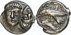 Ancient Coins Thrakien Istros, Diobol (1,29g), ca. 4. Jhdt v. Chr. Av: Zwei Dioskurenköpfe nebeneinander, einer davon umgekehrt. Rev: Adler auf Delphin nach links. BMC 13f, ss-vz. Aus einer rheinische