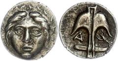 Ancient Coins Thrakien Apollonia Pontica, Diobol (1,17g), ca. 4. Jhd. v. Chr.. Av: Apollonkopf. Rev: Anker, links "A", rechts Krebs. SNG Cop. 459-461, etwas dezentriert, ss. Aus einer rheinischen Priv