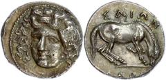 Ancient Coins Thessalien Larissa, Drachme (6,07g), 350-325 v. Chr. Av: Kopf der Nymphe Larissa im 3/4 Profil nach links. Rev: Weidendes Pferd nach rechts, zwischen den Läufen eine Blume. SNG Cop. 122,