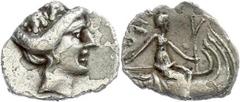 Ancient Coins Euboia Histiaea, Tetrobol (0,81g), ca. 300-146 v. Chr.. Av: Meandenkopf nach rechts. Rev: Sitzende Nymphe Histiaea auf Schiff nach rechts. SNG Cop. 517ff., knapper Schrötling, ss. Aus ei