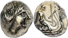 Ancient Coins Euboia Histiaea, Tetrobol (1,09g), ca. 300-146 v. Chr.. Av: Meandenkopf nach rechts. Rev: Sitzende Nymphe Histiaea auf Schiff nach rechts. SNG Cop. 517ff., vz. Aus einer rheinischen Priv