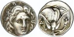 Ancient Coins Karien Rhodos, Hemidrachme (1,68g), um 305-275 v. Chr.. Av: Helioskopf mit Strahlenkrone von vorn. Rev: Rosenblüte mit Trieb und Knospe. SNG Keckman 483ff., ss. Aus einer rheinischen Pri